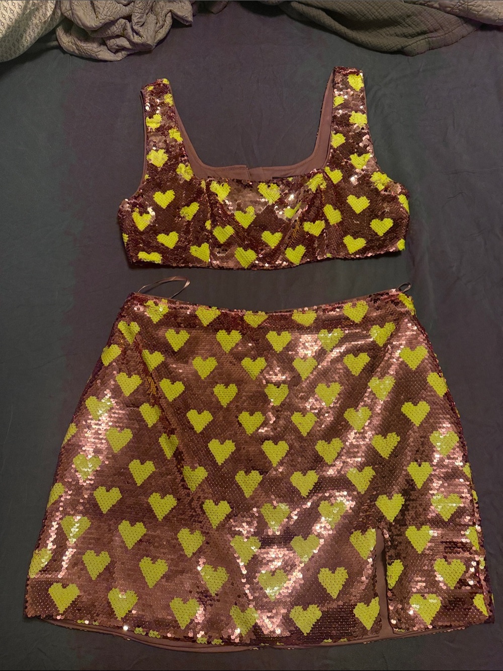 Nasty Gal Pink Sequin Top & Skirt Set with Lime Heart Accents